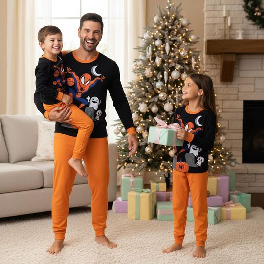 Spider Hero Family Pajamas, Spider Family Long Pajamas, Orange Long Tee & Pants PJs, Family Matching Pajamas Set, Pajama Family Gift