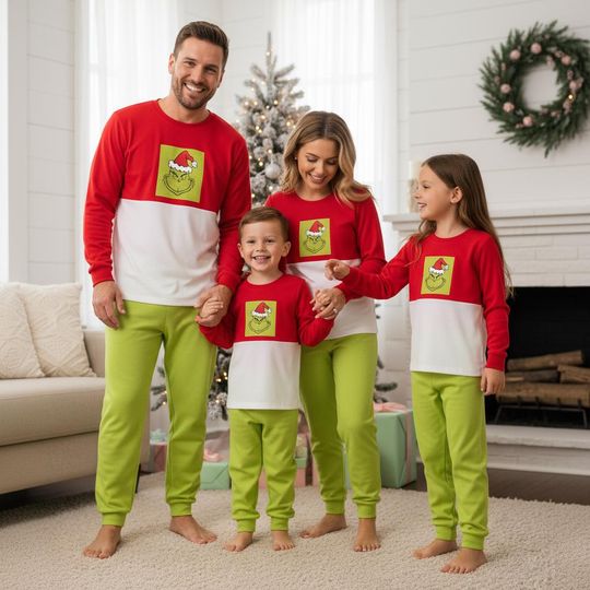 Discover Green Monster Family Pajamas, Santa Claus Long Pajamas, Green Long Tee & Pants PJs, Family Matching Pajamas Set, Chrismas Family Gift