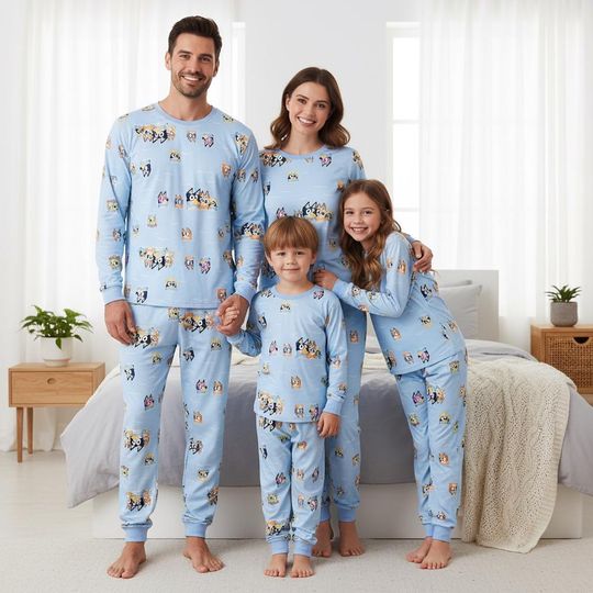 Discover Puppy Family Pajamas, Cartoon Dog Long Pajamas, Blue Dog Long Tee & Pants PJs, Family Matching Pajamas Set, Family Sleepwear Xmas Gift