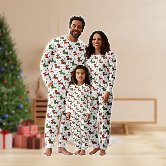 Dachshund Christmas Family Pajamas Set, Wiener Dog Holiday Pajamas