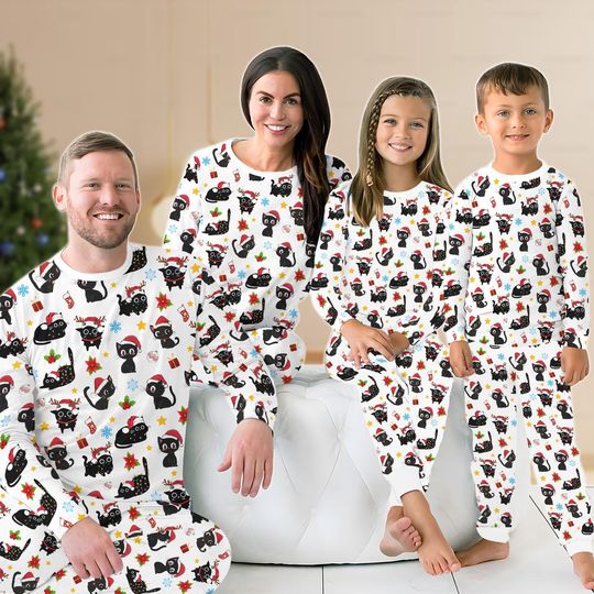 Discover Black Cat Christmas Matching Family Pajamas Set, Funny Cat Xmas Holiday Pajama, Animals Loungewear