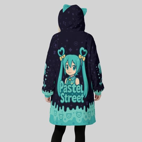 Discover Miku Cat Ear Blanket Hoodie  Vocaloid Cosplay  Kawaii Anime Pastel Blue Unisex Gift for Hatsune Fans Handmade