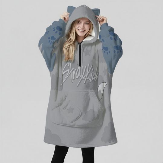 Discover Wolf Chan Cat Ear Blanket Oversize Hoodie: Kpop Stray Kids SKZOO Sweatshirt Gift