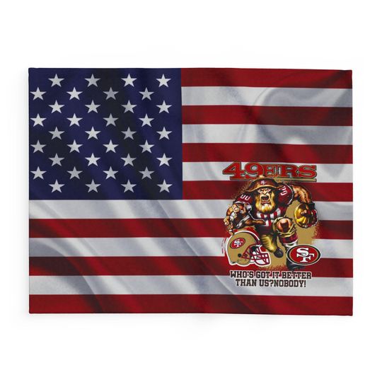 SF Football Team 49ers Fleece Blanket, American Flag Football Blanket Gift for Fan