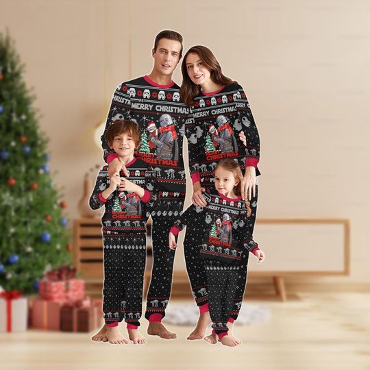 Discover The Mandalorian And Baby Yoda Santa Hat Christmas Matching Family Pajamas Set, Grogu Xmas Long Sleeve Pajamas, Disney Movie Pajamas