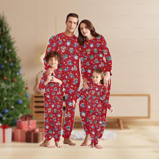 Discover Funny Stitch Christmas Family Matching Pajamas Set, Disneyland Pajamas, Lilo And Stitch Lights Xmas Pajamas, Cartoon Holiday Pajamas