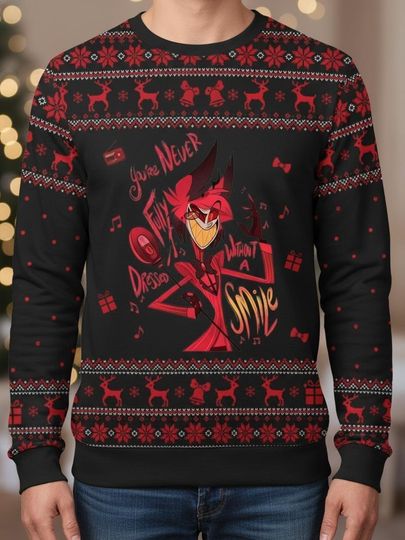 Discover You're Never Fully Ugly Christmas Sweater, Fun Quote Xmas Sweater, Hazbin Hotel Ugly Sweater, Red and Black Sweater, Christmas Gift