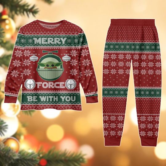 Discover Baby Yoda Christmas Pajamas, Merry Force Be With You Long Sleeve Pajamas Set, Star Wars Pajamas, Disneyland Shirt, Disney Holiday Shirt