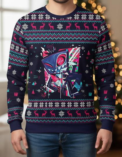 Hazbin Hotel Vox Xmas Sweater, Hazbin Hotel Ugly Sweater, Angel Dust Christmas Sweater, Vox Christmas Sweater, Futuristic Alien Sweater