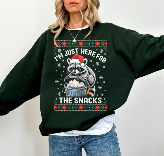 Discover I'm Just Here For The Snacks Raccoon Ugly Pattern Christmas Sweatshirt, Funny Snack Lover Hoodie, Green Xmas Crewneck Gifts, For Her