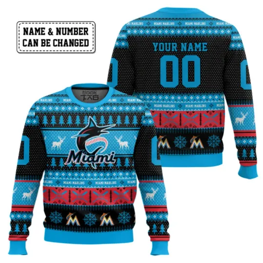 Discover Custom Name And Number Miami Marlins Ugly Sweater Xmas Gift S-5XL