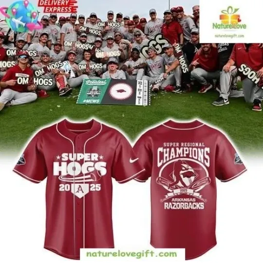 Discover 2025 Arkansas Razorback Baseball Jersey Super Regional Champions