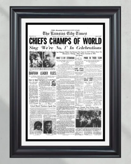 Discover 1970 Kansas City Chiefs Super Bowl Champions UnFramed Front Page Newspaper Print