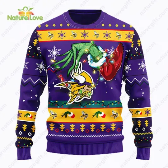 Discover M!nns*t@ V!k!ngs funny character Hand Stole football Christmas Ugly Sweater