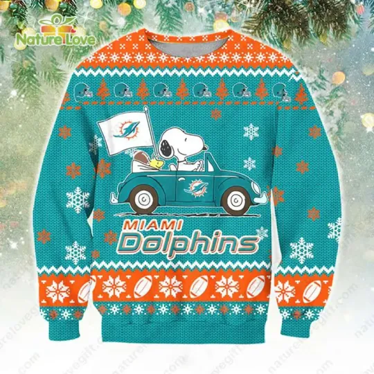 Discover football M!@m! D;lph!ns Snoopy Peanuts Ugly Christmas Sweater