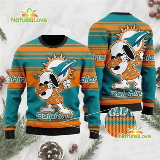 Discover football M!@m! D;lph!ns Snoopy Ugly Christmas Sweater