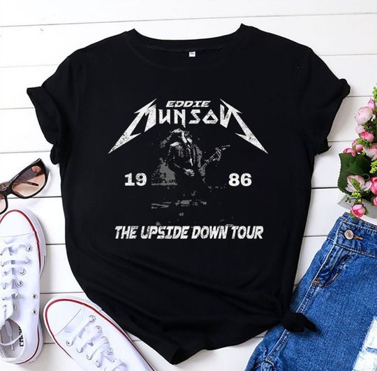 Discover Vintage Eddie Upside Down Tour 1986 T-Shirt, Eddie Rock Tour Black Tee, TV Series Vintage Unisex T-Shirt