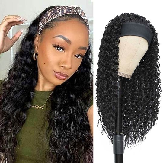 Discover Headband Wig Synthetic Water Wave Headband Wigs for Black Women Deep Wavy Wigs with Headbands Attached Black Half Wig