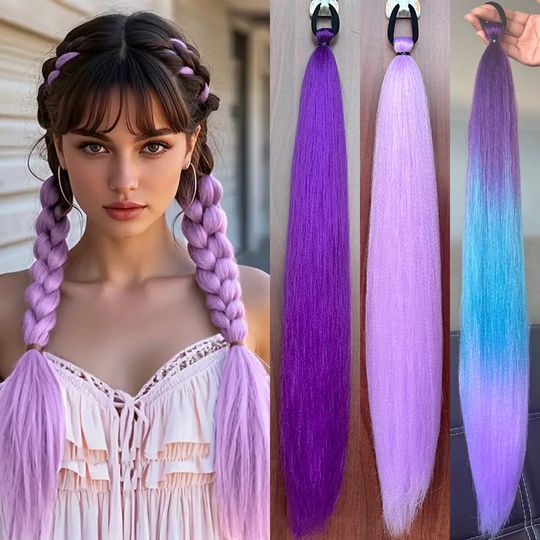 Discover Synthetic Long Straight Ponytail Extensions With Rubber Band DIY Braided Ponytail Purple Hair Accessories for Halloween