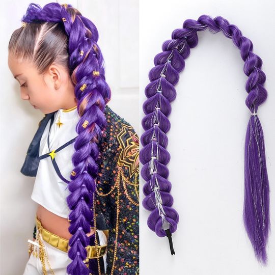 Discover 32inch Braided Purple Hair Ponytail with Tinsel Hair Wig Super Extensions Shiny Tinsel Hair for Kids Christmas Cosplay Rumi Hair
