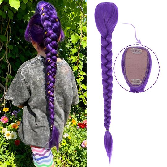 Discover Easy Clip in Purple Ponytail Extensions 26 Inch Rumi Long Purple Braids Synthetic Fiber Hair for Cosplay Halloween Costume