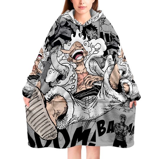 Luffy Gear One Piece Oversized Blanket Hoodie Sweatshirt Long Fleece Hooded Wearable Blanket with Large Pocket for Women Men