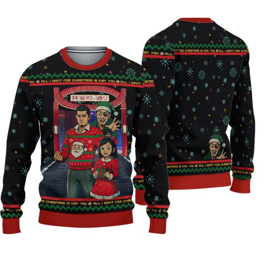 Yakuza 1 / Yakuza Kiwami Inspired Ugly Christmas Sweater | Kiryu, Haruka & Majima Festive Holiday Sweater | Funny Gamer Anime Xmas Jumper