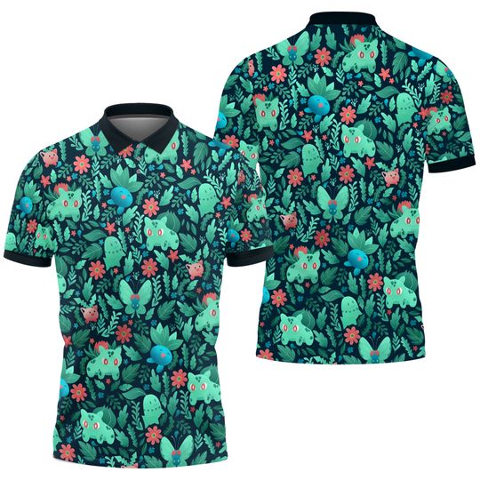 Bulbasaur and Oddish Polo Shirt, Kawaii Summer Green Polo, Cute Tropical Polo, Bulbasaur Gift Shirt