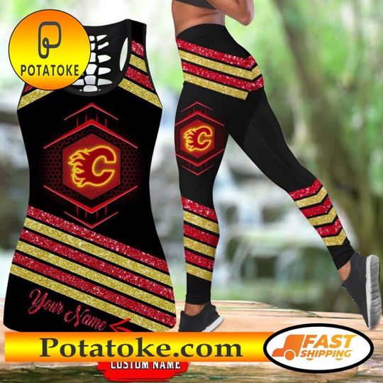 Calgary Flames Hollow Tank Top And Leggings Set For Hockey Fans