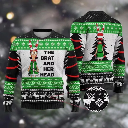 Discover The Brat And Her Head Bob’s Burger Ugly Christmas Sweater, Funny TV Series Sweat