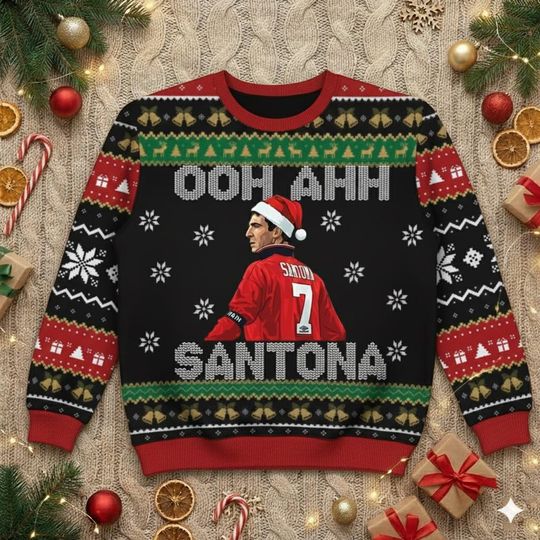 Discover Cantona Christmas Jumper Ooh Ahh Santona, Funny Football Xmas Sweatshirt, Eric Cantona Ugly Christmas, Retro Football Shirt
