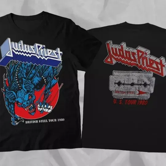 Discover JUDAS PRIEST Band 1980 British Steel Tour Black Double Sided T-Shirt