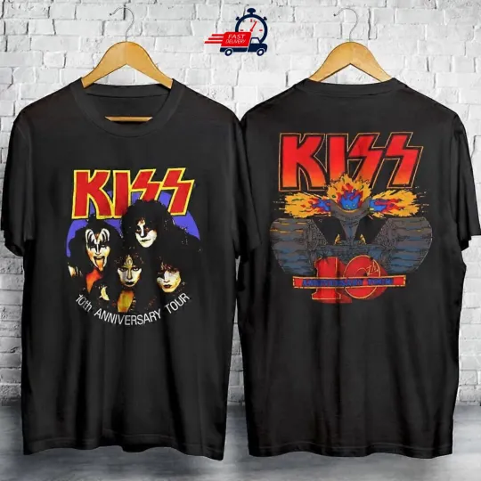 Discover Vintage KISS 10th Anniversary Tour Black Double Sided Reprint T-Shirt Fans Gift