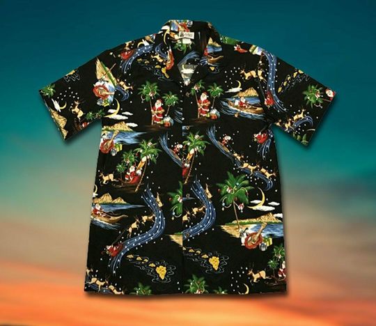 Merry Christmas Santa Claus Black Hawaiian Shirt Tropical Holiday Aloha Shirt for Men and Women Festive Beach Short Sleeve Top