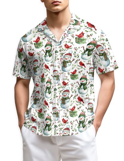 Snowman Cardinal Christmas Hawaiian Shirt, Holiday Aloha Shirt, Winter Snow Print Button Down, Retro Christmas Movie Party