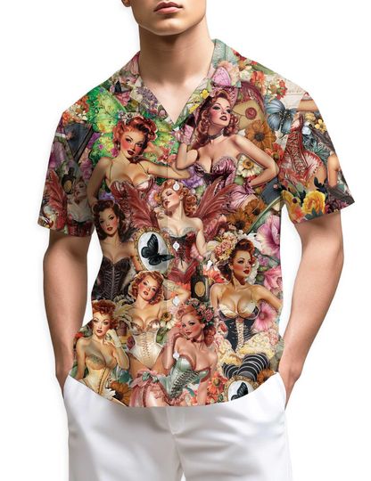 Vintage Pin Up Girl Hawaiian Shirt, Retro Aloha Shirt for Men, 1950s Rockabilly Style