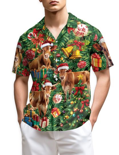 Discover Christmas Cow Hawaiian Shirt for Men, Farm Animal Holiday Aloha Shirt, Christmas Santa Cow Button Down Top