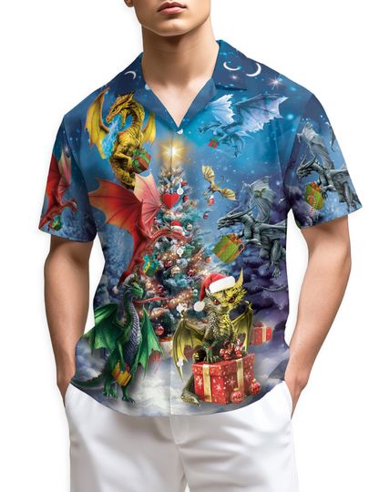 Discover Christmas Dragon Hawaiian Shirt for Men | Fantasy Mythical Creature Holiday Aloha Shirt