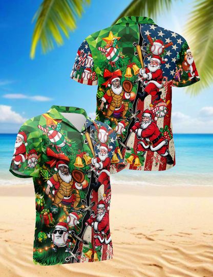 Discover Baseball Santa Christmas Hawaiian Shirt, Funny Sport Holiday Aloha Shirt, Santa Claus Baseball Button Down, Retro Christmas Movie Party