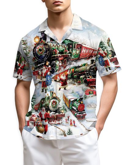Discover Christmas Train Hawaiian Shirt for Men | Santa Claus Locomotive Holiday Aloha Shirt | Festive Winter Railway Print for Christmas Party