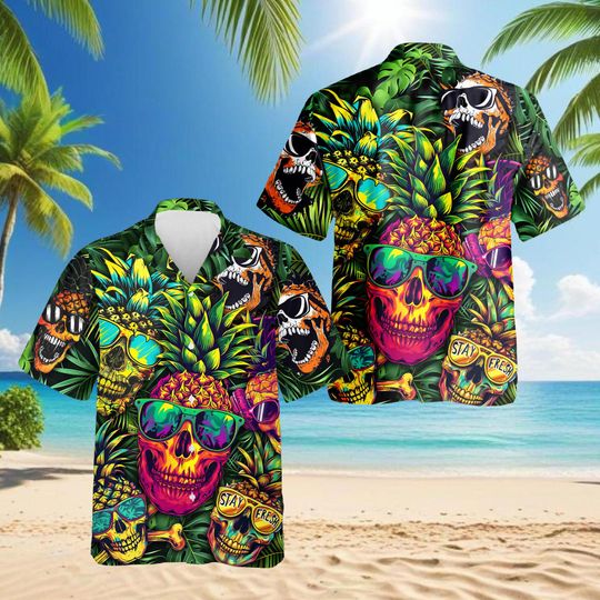 Discover Pineapple Skull Hawaiian Shirt, Stay Fresh Tropical Aloha Shirt, Neon Skull Summer Shirt, Vibrant Pineapple Shirt, Tiki Party Shirt