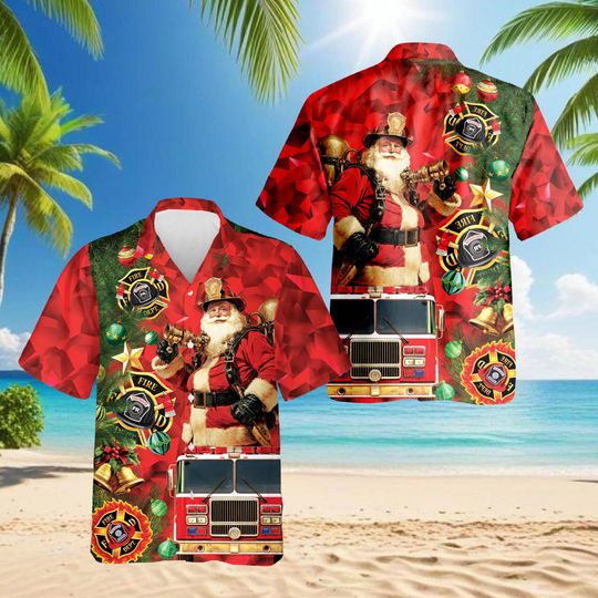 Discover Firefighter Santa Hawaiian Shirt, Fireman Christmas Aloha Shirt, Santa Fire Truck Shirt, Xmas Firefighter Gift Shirt for Men Women