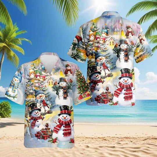 Discover Snowman Christmas Hawaiian Shirt, Winter Holiday Aloha Shirt, Cute Snowman Gift Shirt, Festive Xmas Shirt for Men, Christmas Vacation Shirt