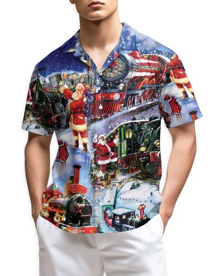 Santa Christmas Train Hawaiian Shirt, Vintage Holiday Railway Aloha Shirt, Festive Winter Travel Shirt