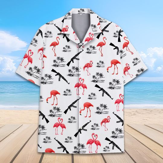 Flamingo and Gun Hawaiian Shirt Men Women Youth, Tropical Pink Bird and Rifle Print, Summer Vacation Button-Up Shirt, Party Outfit