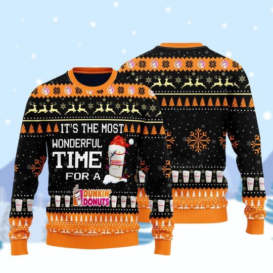 Wonderful Time Dunkin Donuts Sweater, Coffee Addict Ugly Sweater, Just Donut Holiday Sweater