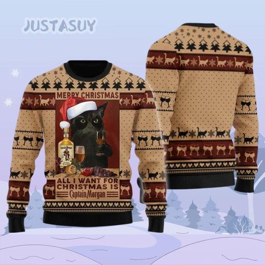 Captain Morgan Christmas Sweater, Morgan Rum Ugly Sweater, Cat Meme Holiday Sweater