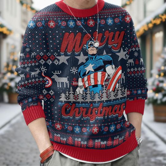 Captain America Ugly Christmas Sweater, Marvel Xmas Sweater, Superhero Ugly Sweater