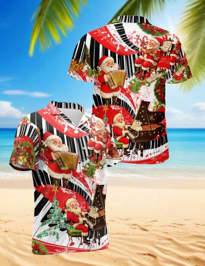 Discover Hawaiian Christmas Shirt with Santa, Piano, and Violin Music Holiday Aloha Shirt for Men & Women