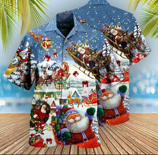 Discover Santa Christmas Hawaiian Shirt, Festive Xmas Aloha Shirt, Snow Village Holiday Shirt, Funny Christmas Beach Outfit